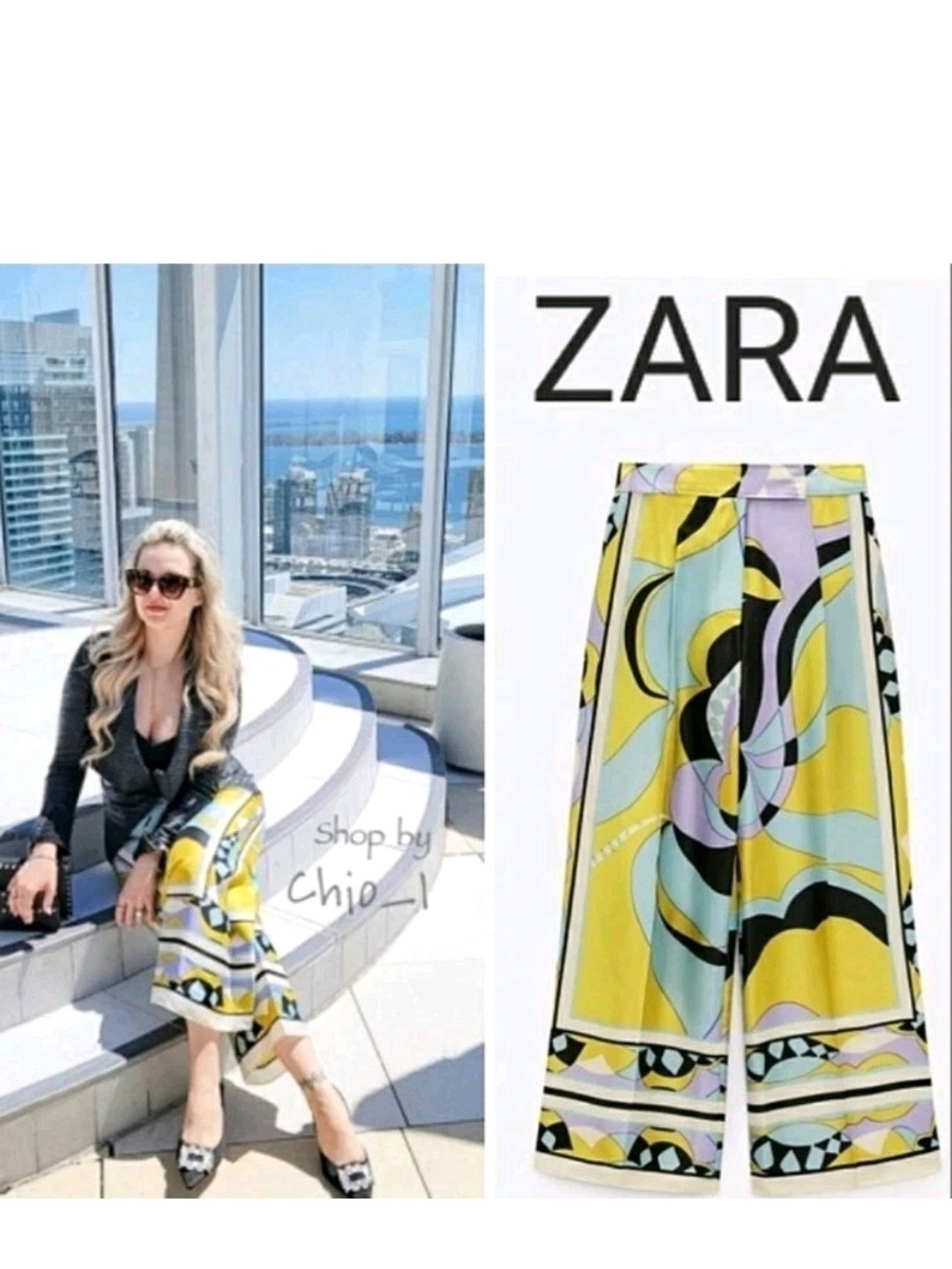 ZARA PRINTED WIDE LEG in Yellow, Light Blue & Black